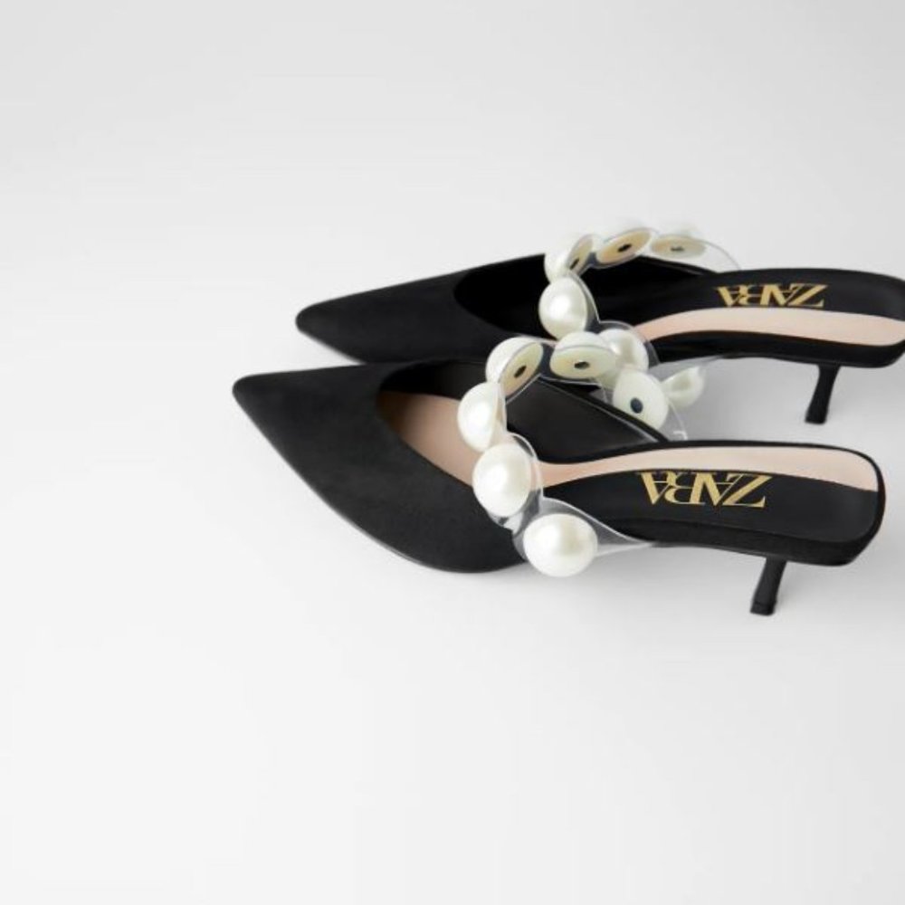 ZARA POINTED PEARLY MULES HEELS PEARLS